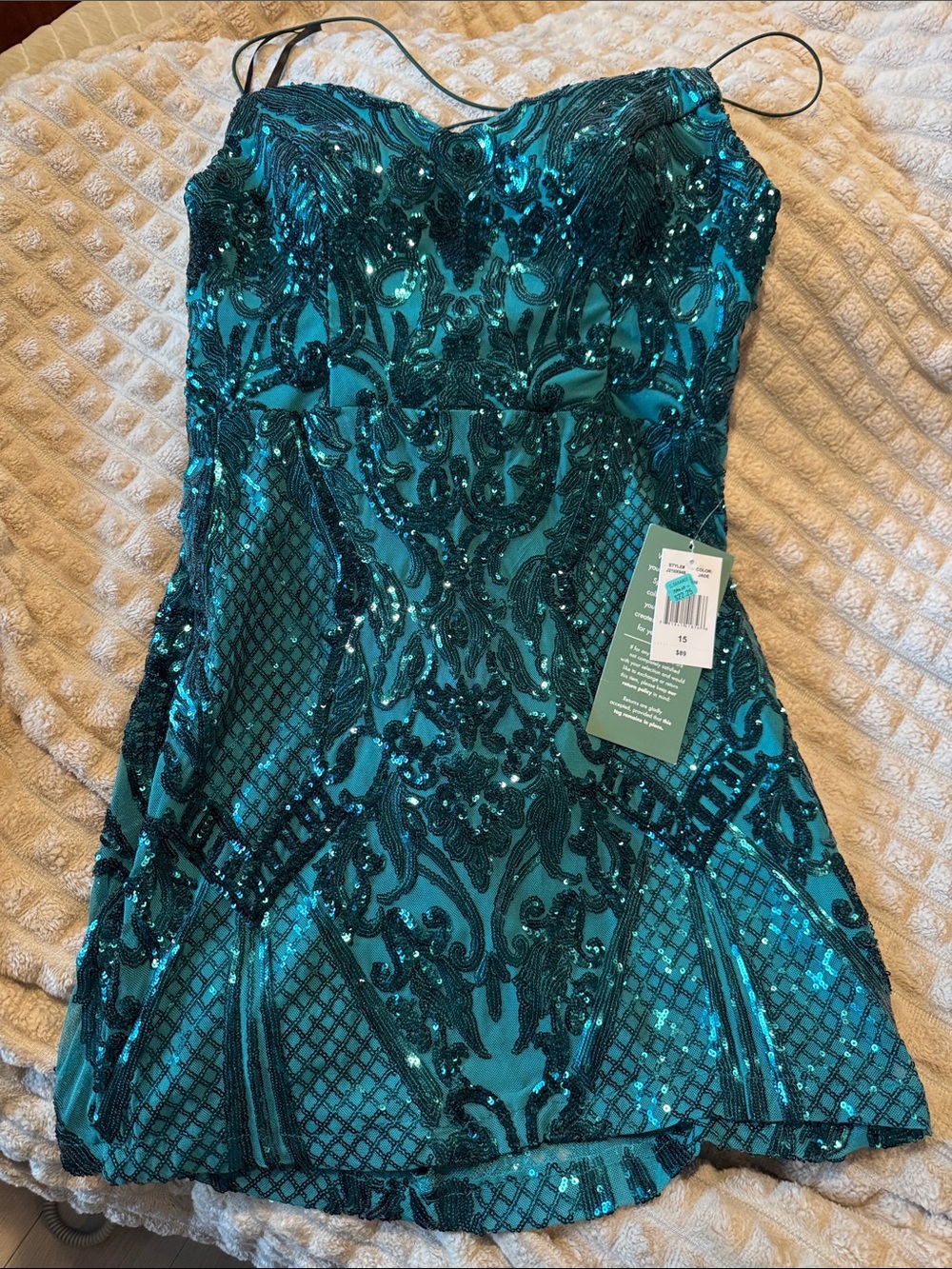 B. Smart Teal Sequin Embellished Strapless Mini Dress
